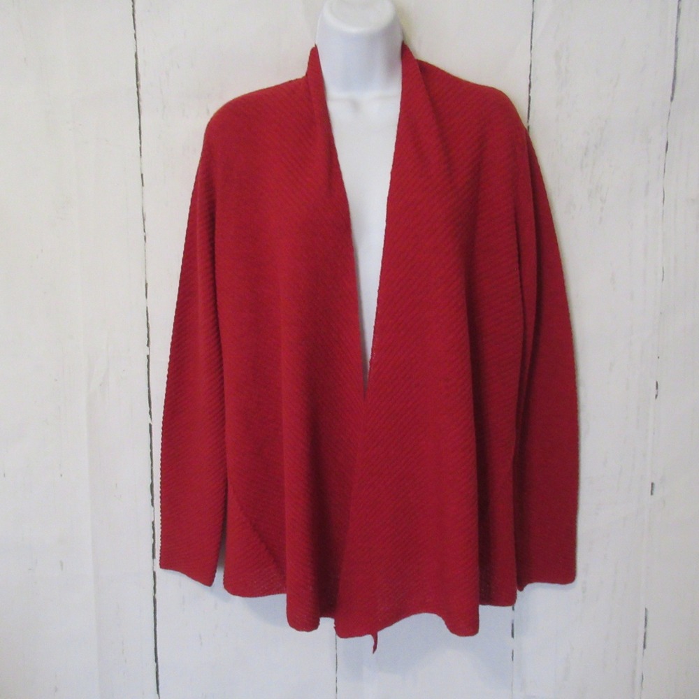 Eileen Fisher Cardigan‎ Sweater S Red Textured 100% Wool Open Front Italian Yarn